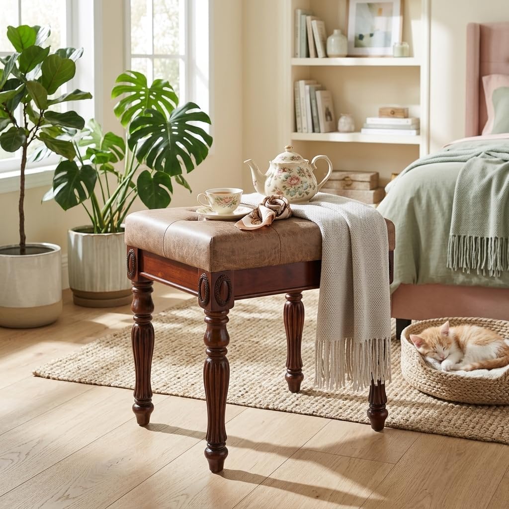 Vanity Bench Stool with Padded Cushion, Piano Bench with Solid Wood Carving Legs, Home Chairs Button Breathing Leather Upholstered Seat, 18.5' x 14.2' x 19.1' Easy Assembly, Yellowish Brown FD1533LT