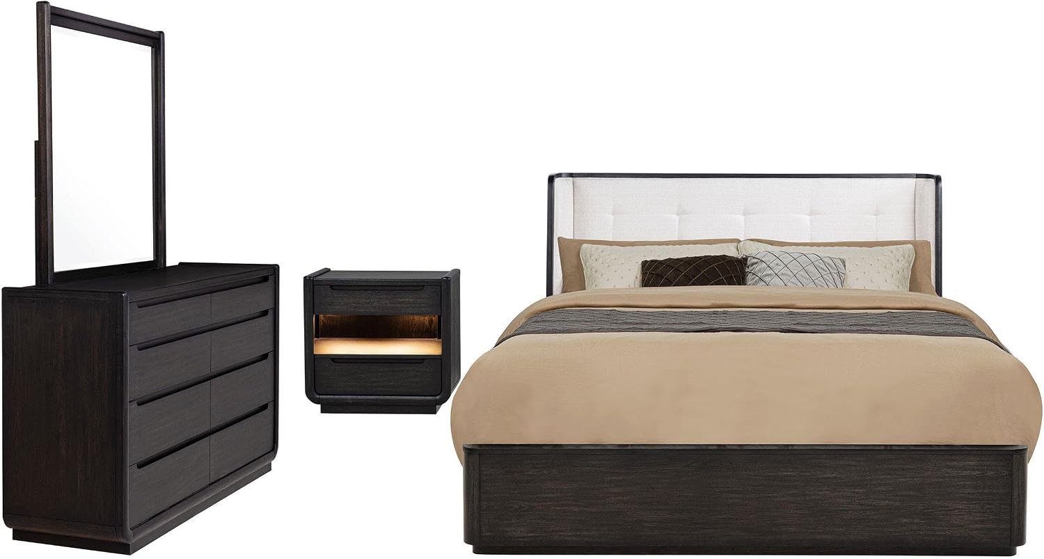 Coaster Home Furnishings - Leandro - Wood - 4-Piece Bedroom Set with Wingback Design, Tufted Detail and Recessed Pulls - Bedroom - Eastern King Size - Burnished Black - 222491KE-S4