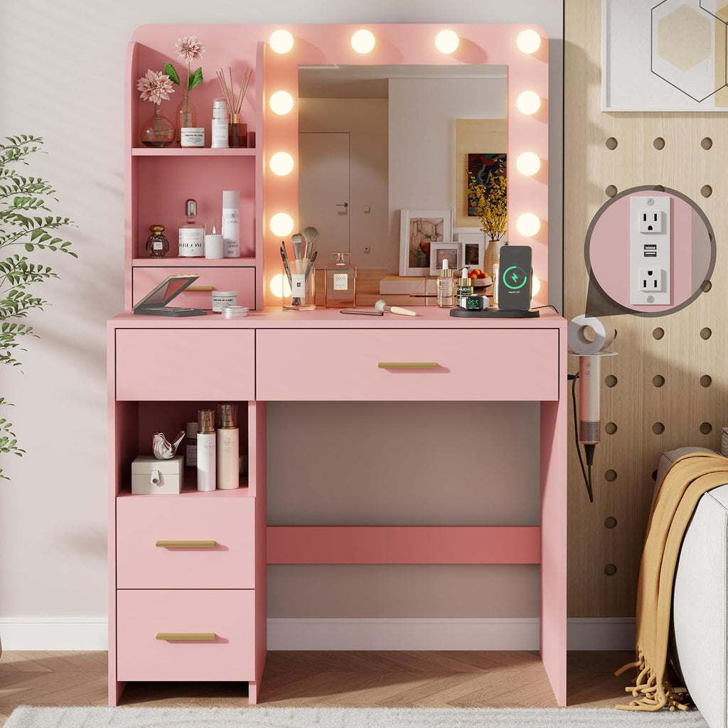 Otterease Vanity Desk with LED Lighted Mirror&Power Outlet, 3 Lighting Colors Makeup Vanity with 5 Large Drawers and 3 Storage Shelves, Vanity with Storage Stool for Bedroom, Pink