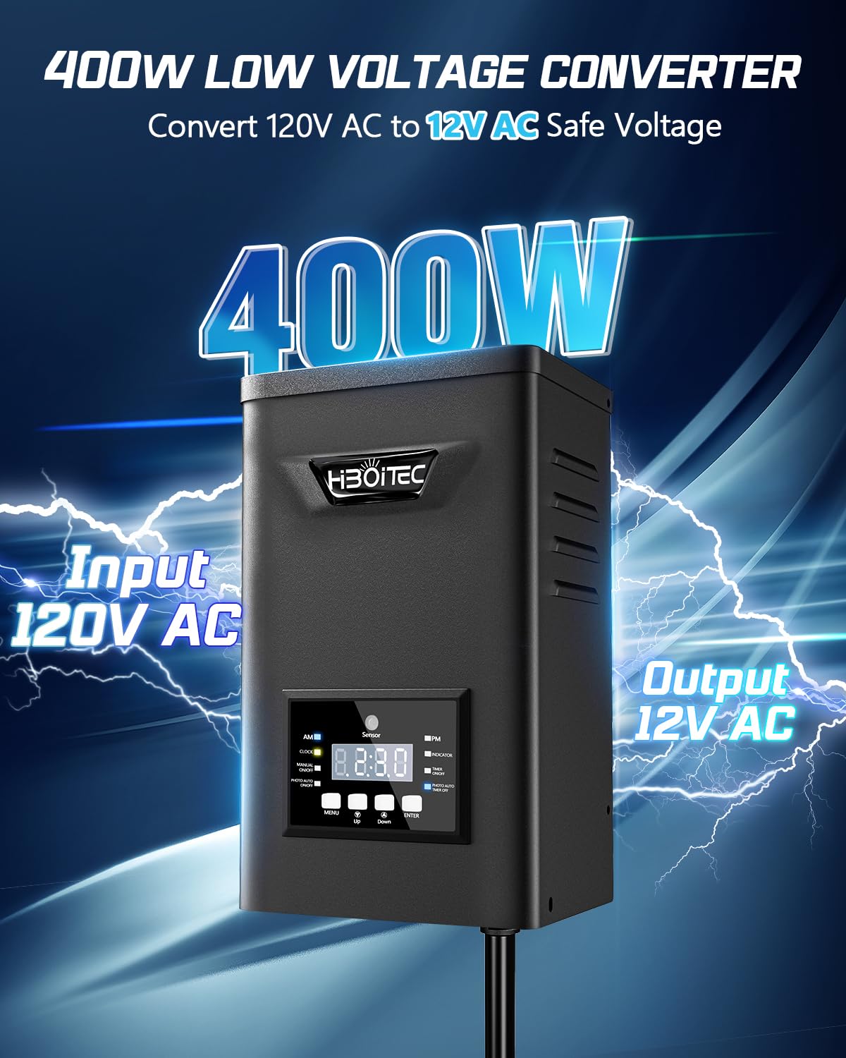 HIBOITEC 400W Low Voltage Landscape Transformer 120 AC to 12/15 AC, Instant Memory After Outage, 6 Modes Weatherproof Outdoor Lighting Transformer with Dusk to Dawn Photocell Timer for Whole Yard