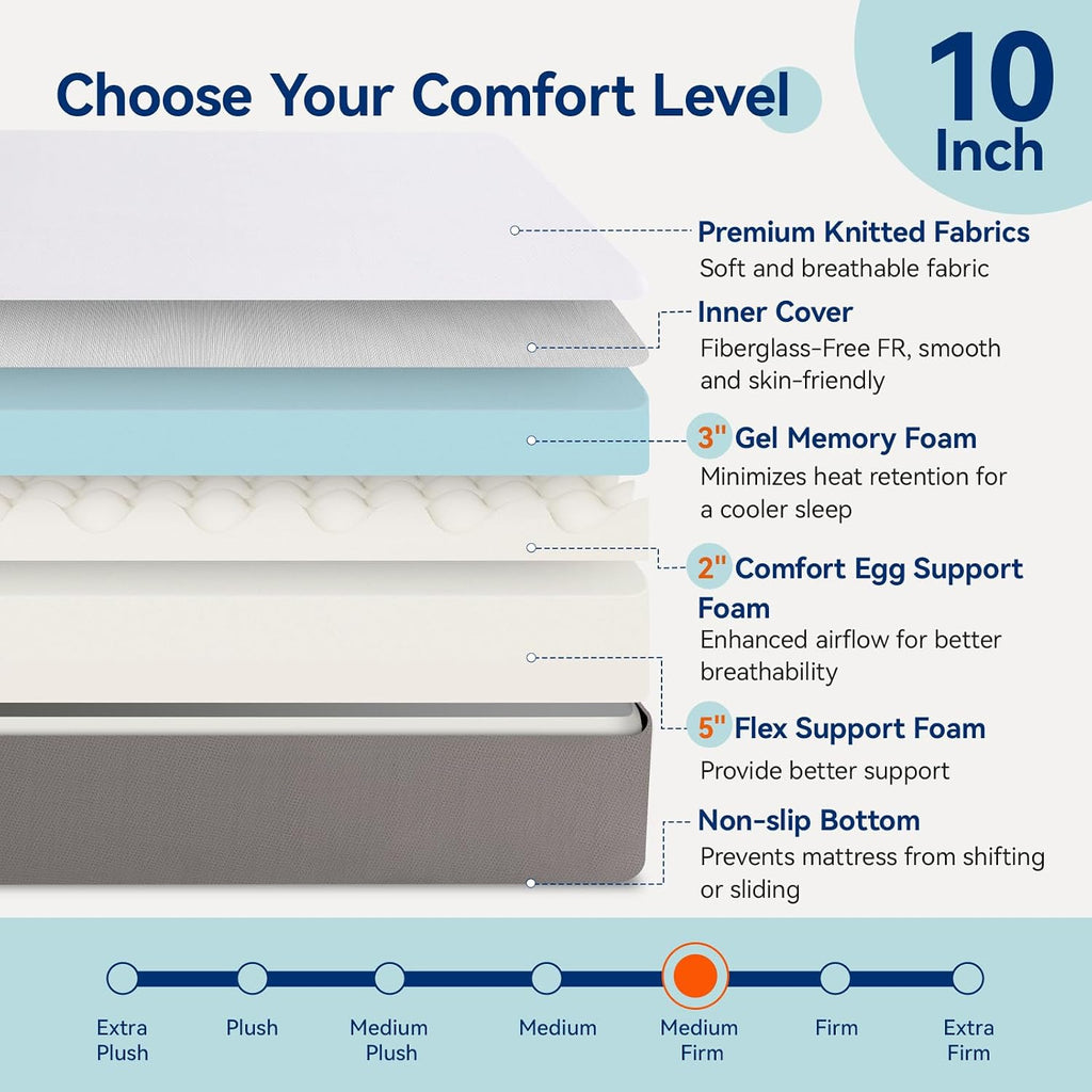 Amazon Basics Breathable Gel Memory Foam Mattress, Medium Firm, 10 Inch, King, White/Grey