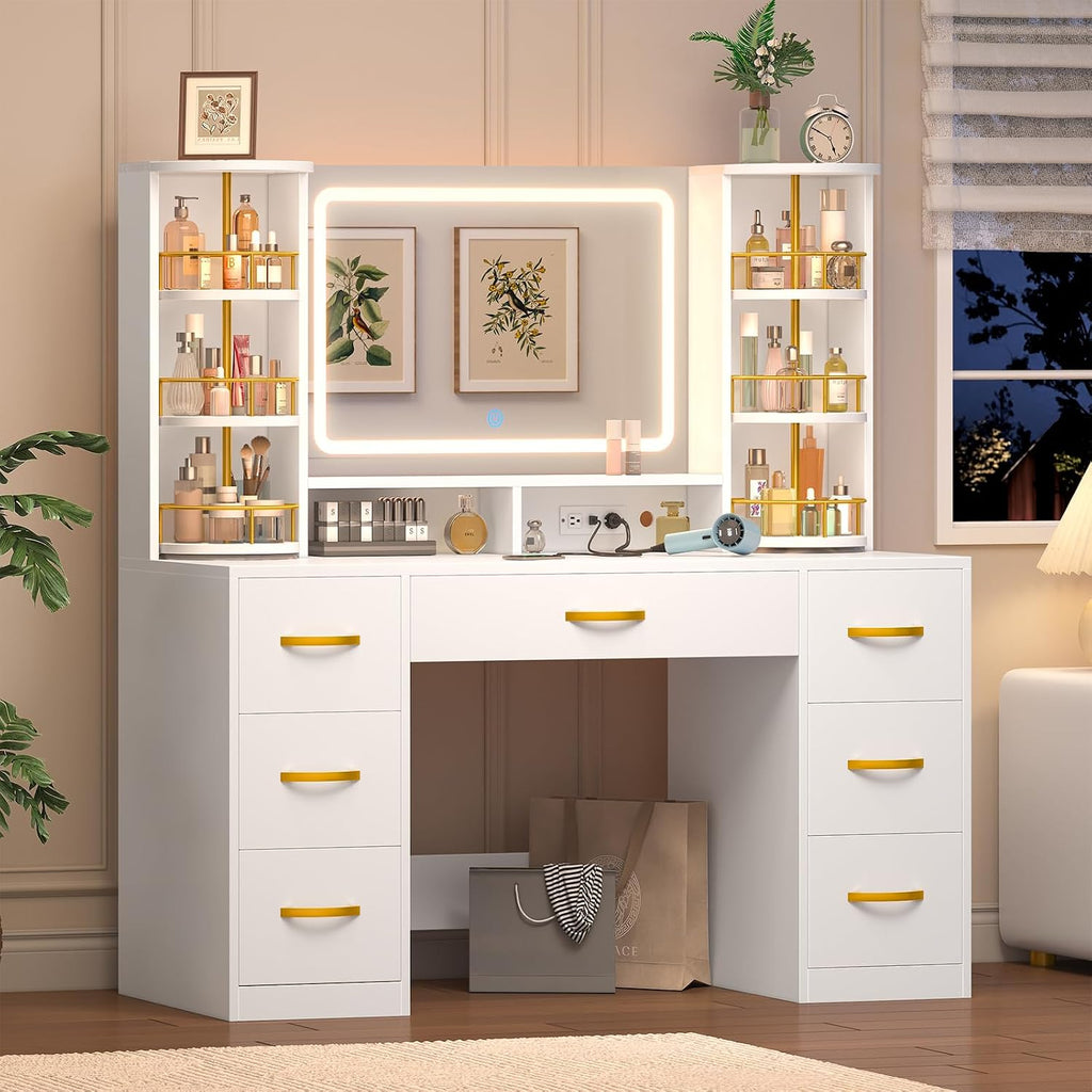 Vanity Desk with Mirror and Lights, White Makeup Vanity Table with 360° Rotating Shelves, Large Vanity Desk with 7 Drawers, Power Outlet, Dressing Table Set with Lighted Mirror Adjustable, for Bedroom