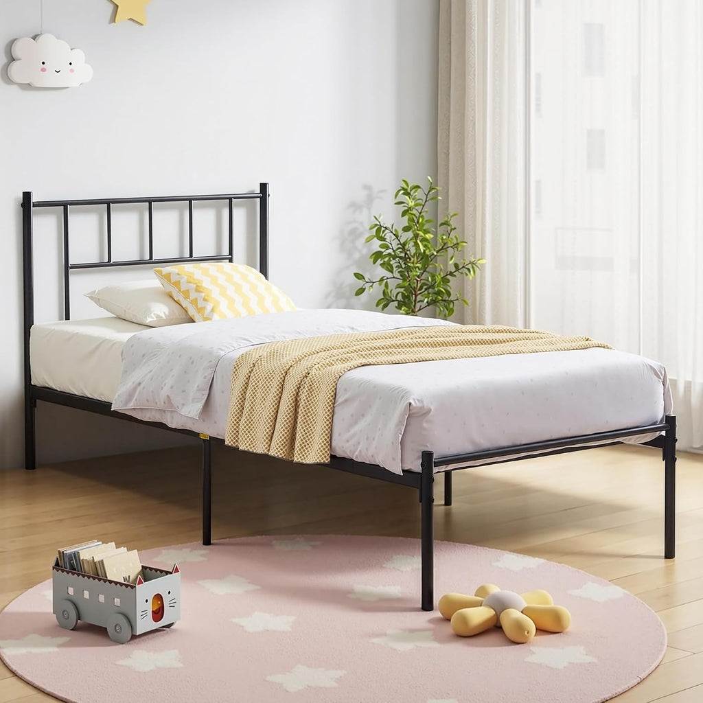VECELO Twin Metal Platform Bed Frame with Headboard, Heavy Duty Steel Slats, No Box Spring Needed,Easy Assembly, Modern Minimalist Design, 2 PCS