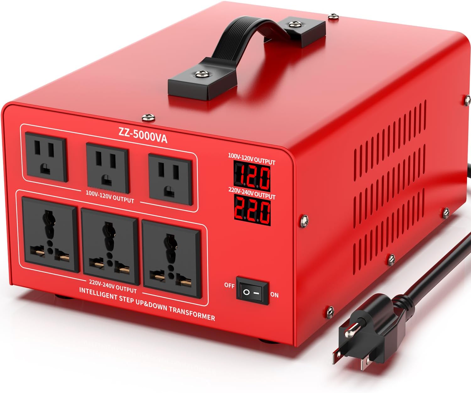 5000W Heavy Duty Voltage Converter Transformer – Step Up 110V to 220V & Step Down 220V to 110V, Auto Input Recognition, 3 US & 3 Universal Outlets, LCD Display, Circuit Breaker for Travel & Home