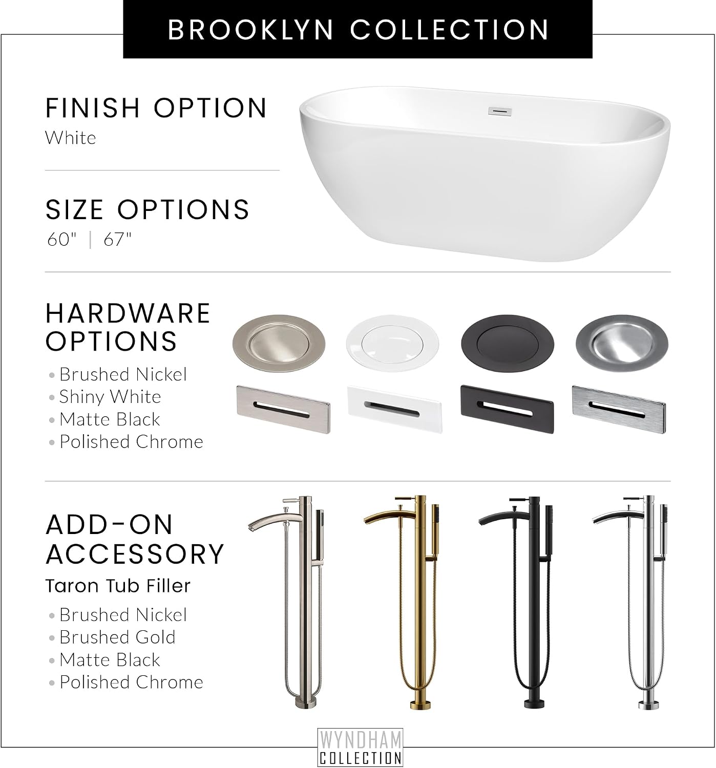 Brooklyn 60 Inch Freestanding Bathtub in White with Polished Chrome Drain and Overflow Trim