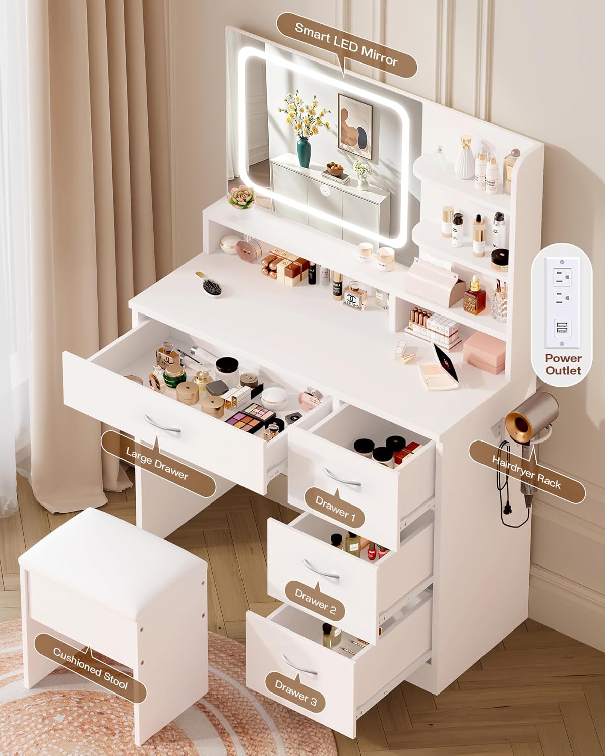 LIVELYGLOW Makeup Vanity Desk with Smart LED Mirror & Charging Station, 34.1' White Vanity Table Set with Cushioned Stool, 4 Drawers & Hairdryer Rack, Modern Bedroom Dressing Table-White