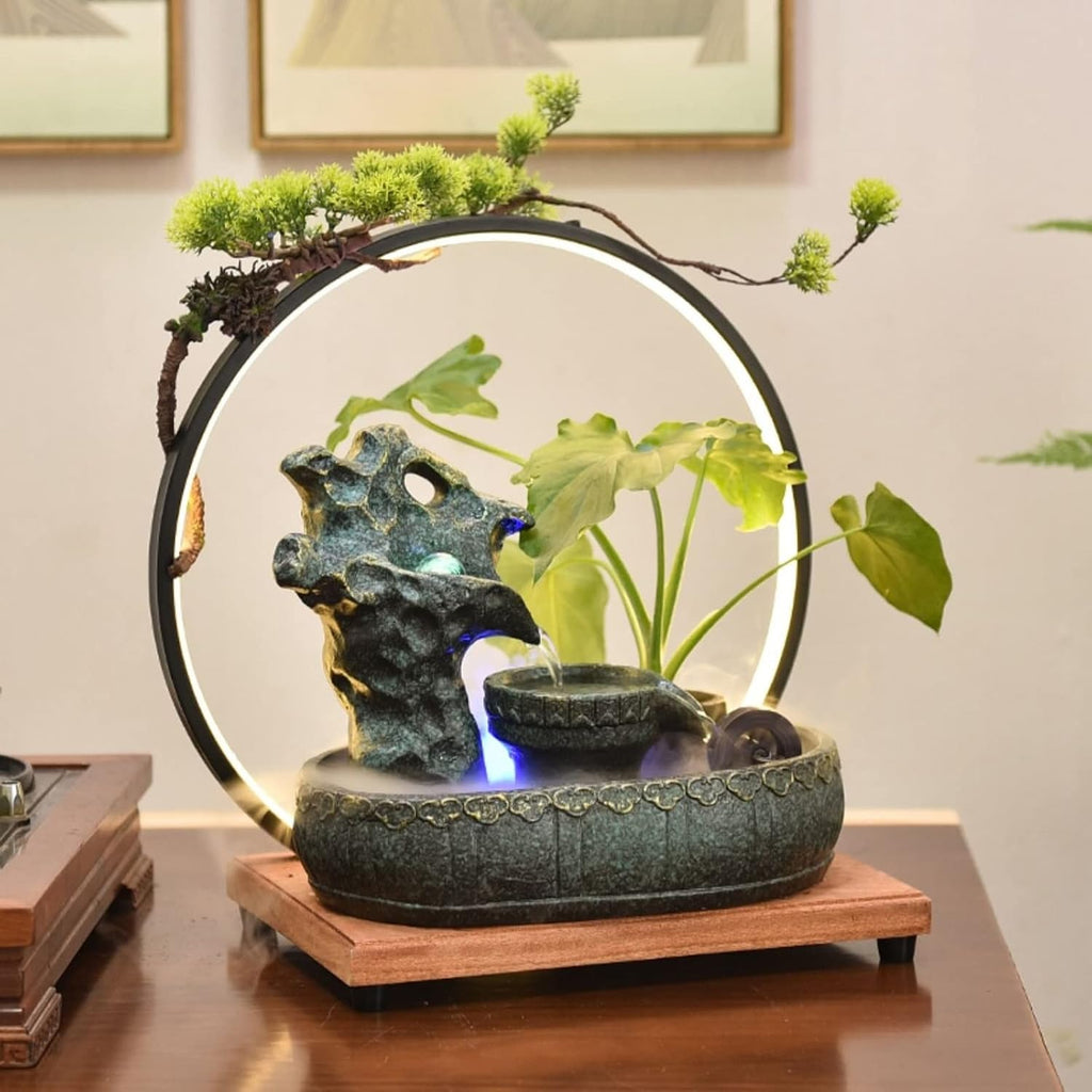 Desktop Fountain Tabletop Fountain Ceramic Rock Falls Fountains with Wooden Base and LED Light Interior Mini Water Feature for Bedroom, Office, Living Room