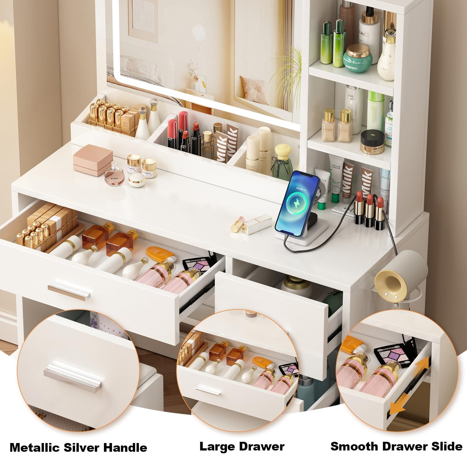 OTOQS Vanity Desk with Mirror and Lights, 4 Drawers & Benches Vanity Desk Set, 3 Color Lighting Modes Adjustable Brightness Vanity for Bedroom Makeup Table