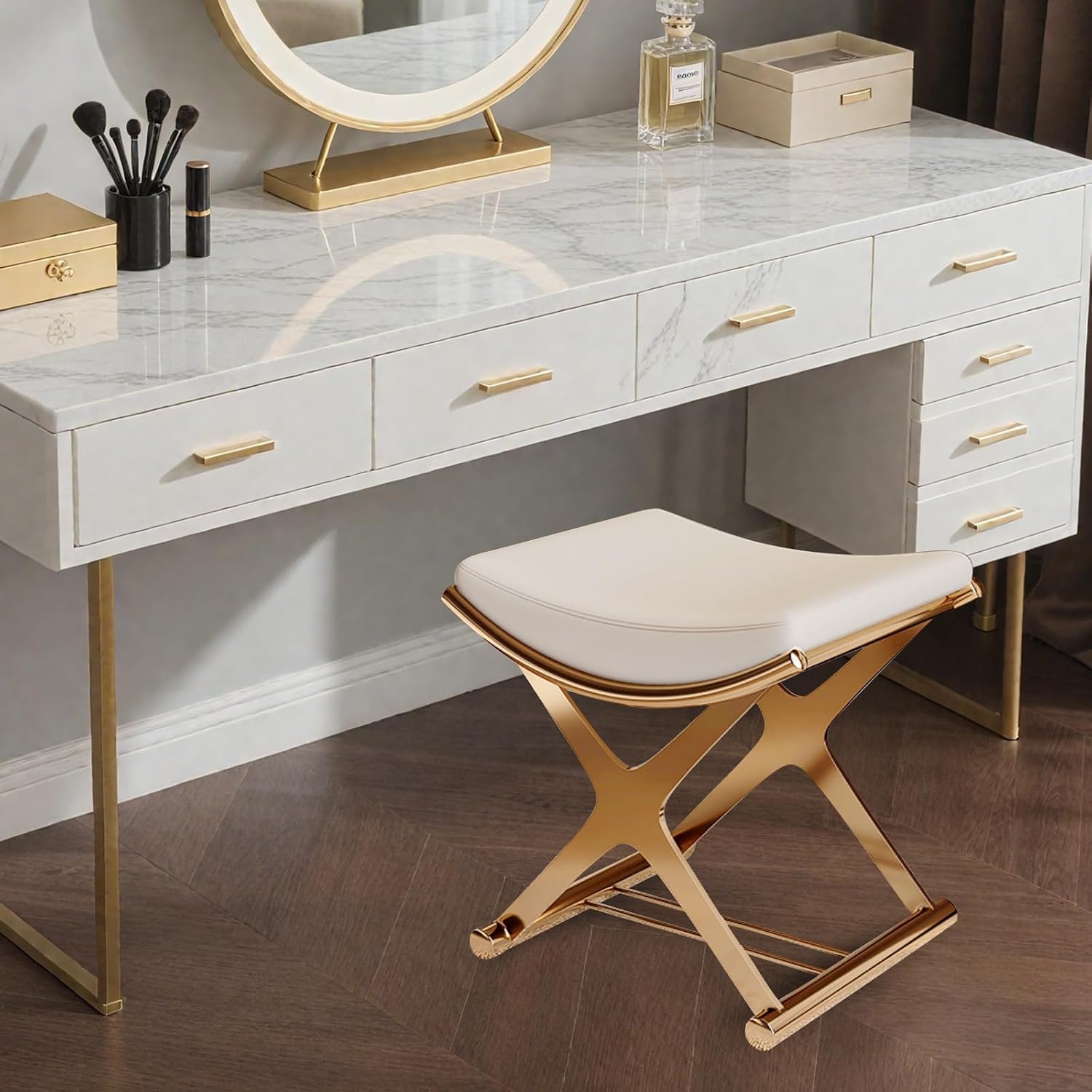 Modern Vanity Stool - Gold Leather Makeup Chair with X-Legs, Backless Ottoman Bench for Bathroom, Living Room & Bedroom Decor