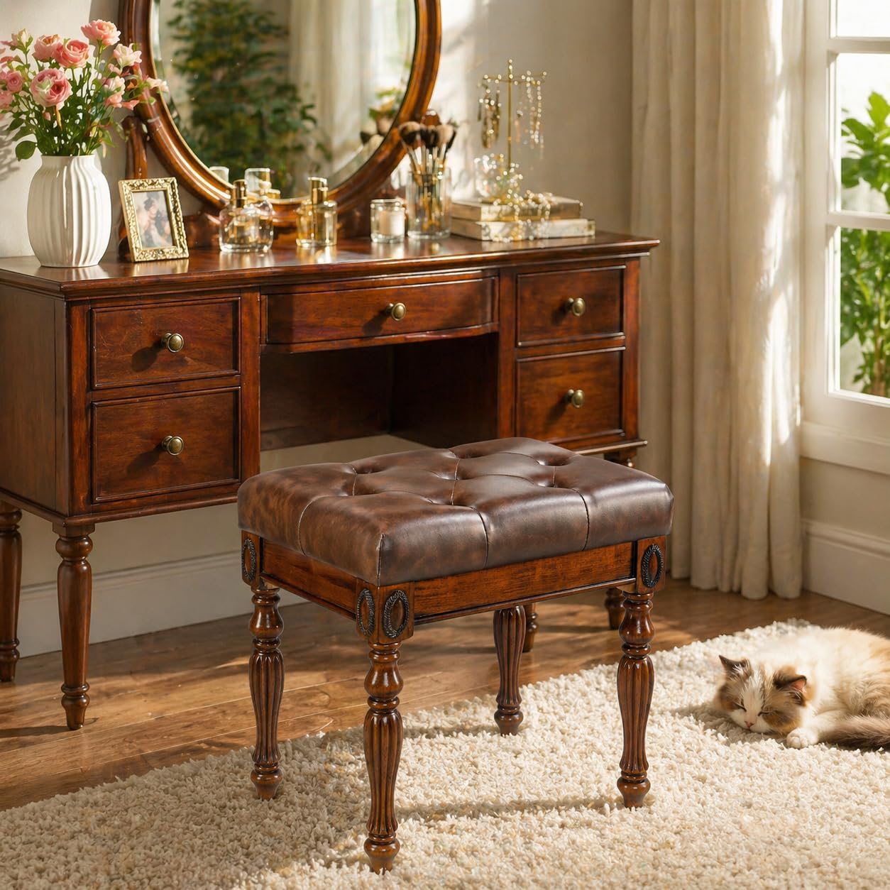 Vanity Stool Bench for Makeup Room, Upholstered Piano Bench with Faux Leather, Shoe Bench with Carved Wood Leg, 18.5' x 14.2' x 19.1' Bed End Benchs, Tool-free Assembly, Walnut &Cherry Brown FD1533BN