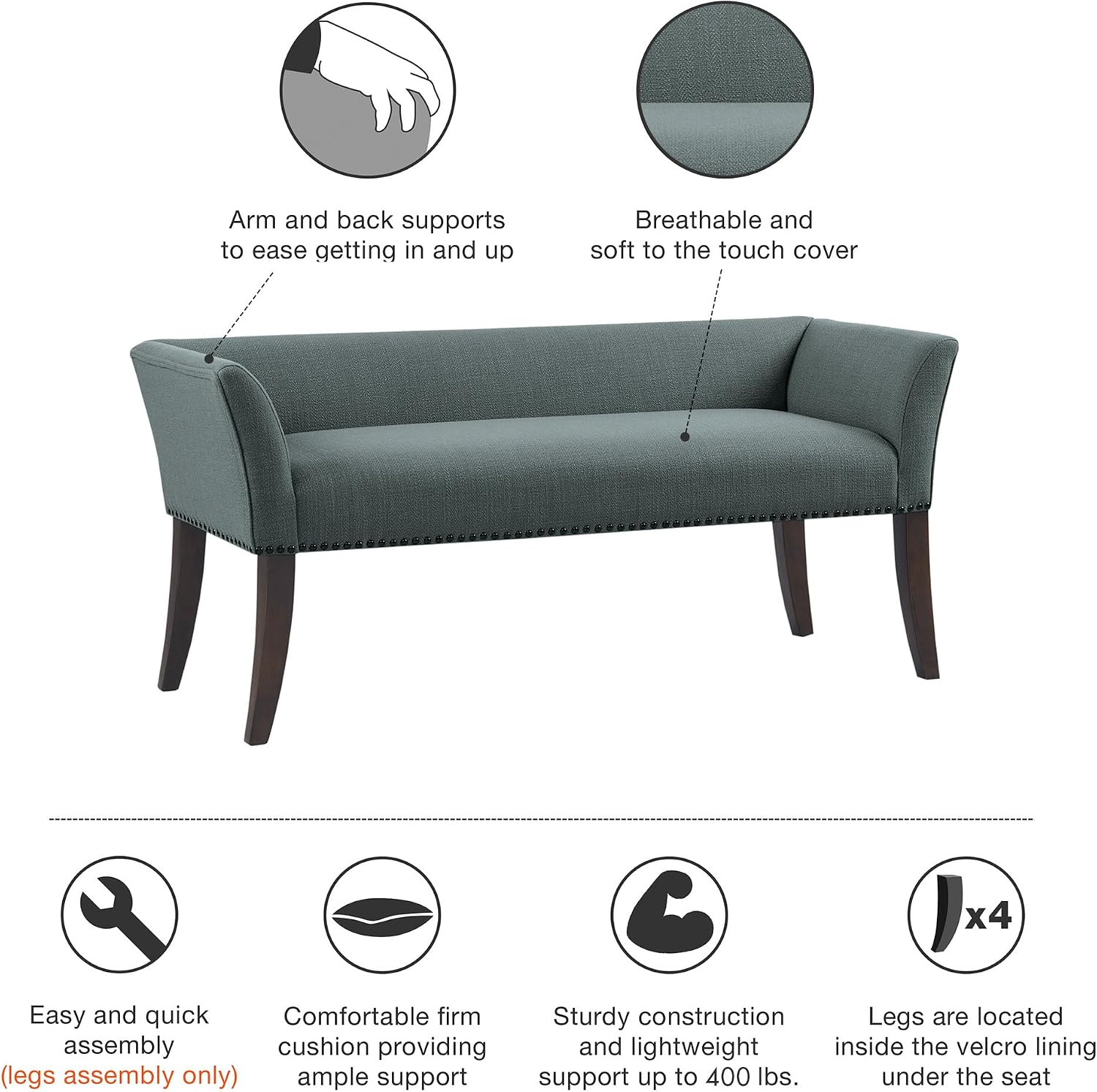 Madison Park Accent Bench, Upholstered with Nailhead Trim, & Padded Seat Entryway Bench Small, End of Bed Bench with Back, 49.5' W x 19.25' D x 23' H, Slate Blue
