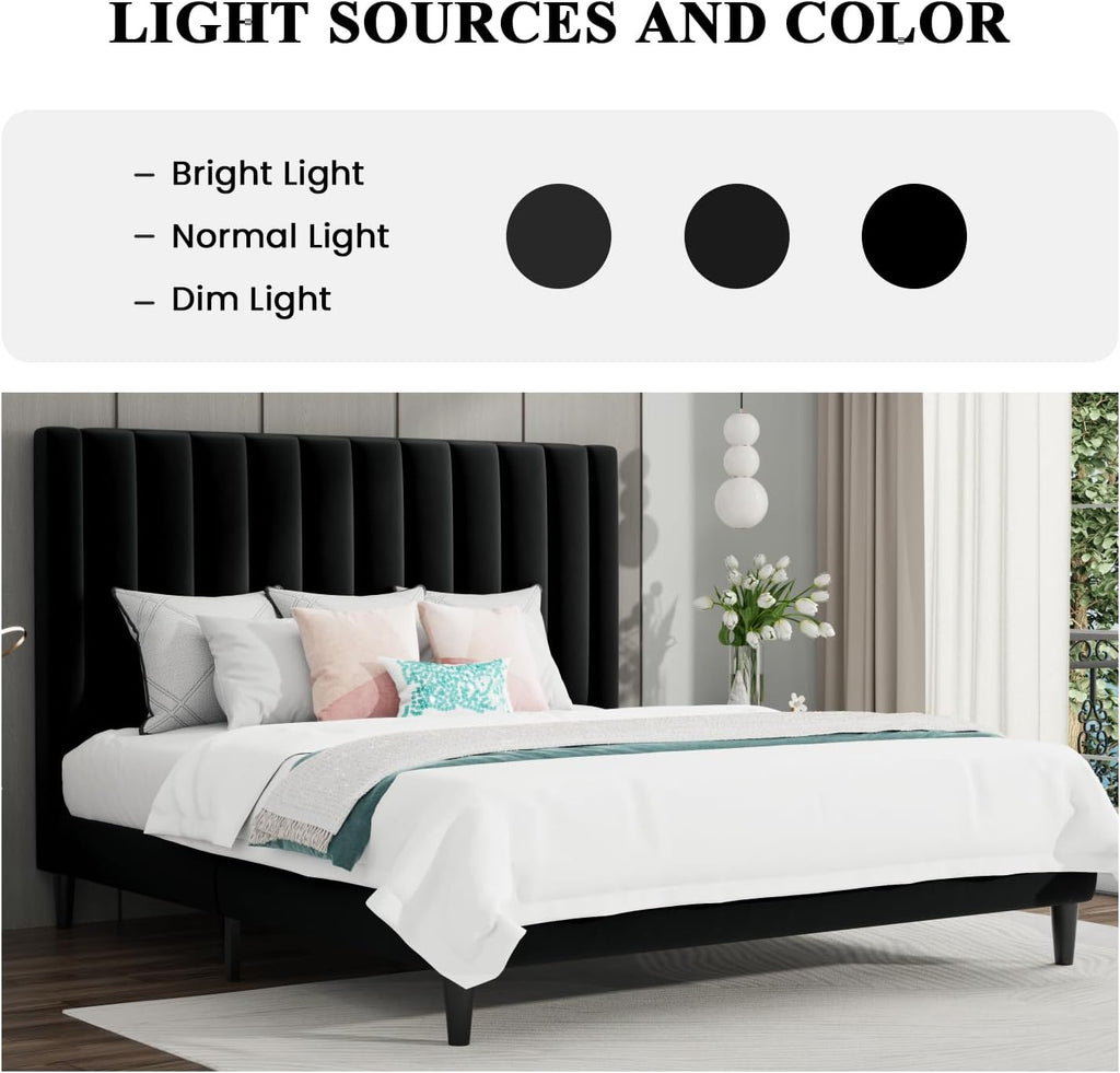 SHA CERLIN King Bed Frame/Velvet Upholstered Platform Bed Frame with Headboard/Strong Wood Slats Support/Mattress Foundation/No Box Spring Needed - Black