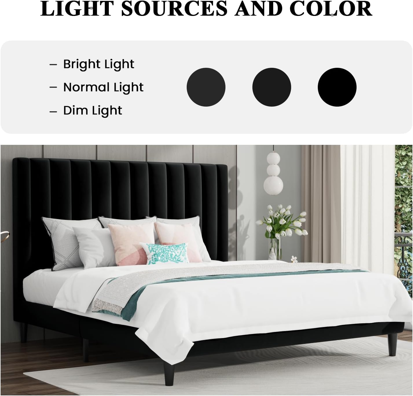SHA CERLIN King Bed Frame/Velvet Upholstered Platform Bed Frame with Headboard/Strong Wood Slats Support/Mattress Foundation/No Box Spring Needed - Black