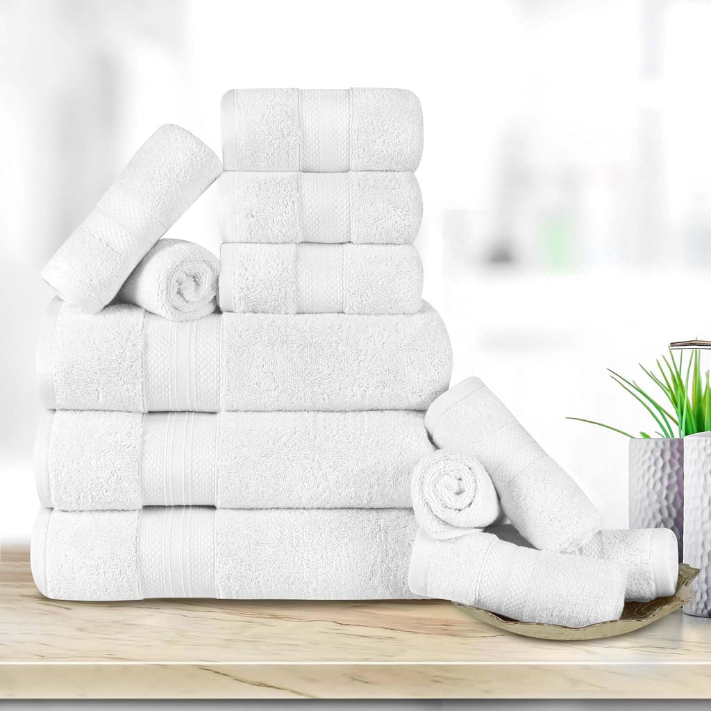 Superior Turkish Cotton 12-Piece Towel Set, 3 Bath, 3 Hand, 6 Face Towels/Washcloth for Home, Guest, Master Bathroom Essentials, Hotel, Resort, Spa, Shower, Adult, Kids, Plush, Soft, White