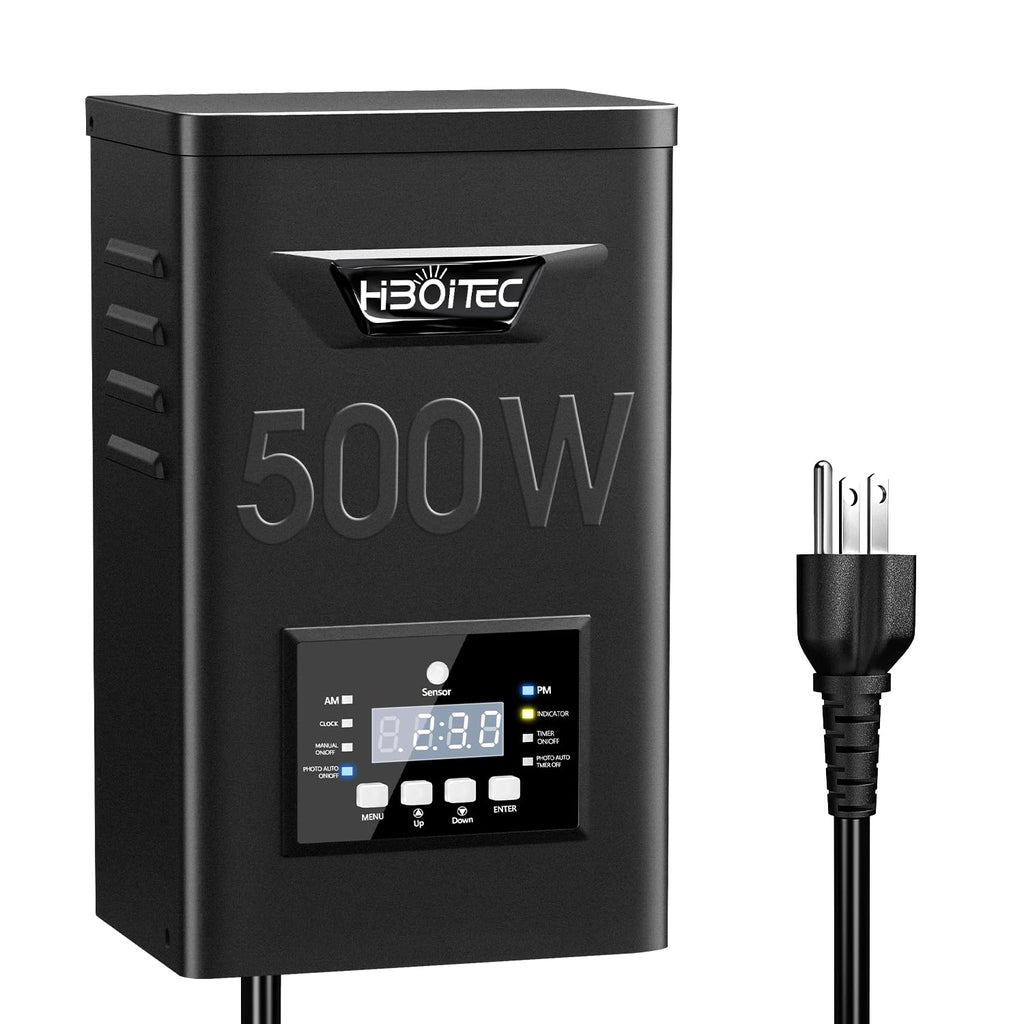 HIBOITEC 500W Low Voltage Landscape Transformer, Outdoor Lighting Transformer with Photocell Sensor and Timer, 120V AC to 12V/15V AC Weatherproof Transformers for Spotlights Path Lights