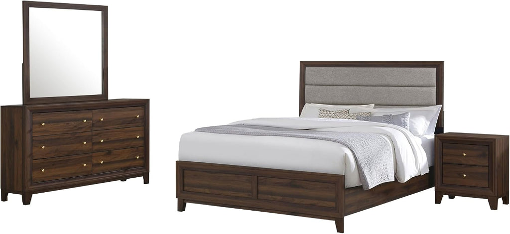 Benzara Yels 4 Piece Queen Bedroom Set, Gray Upholstery, Walnut Brown Wood