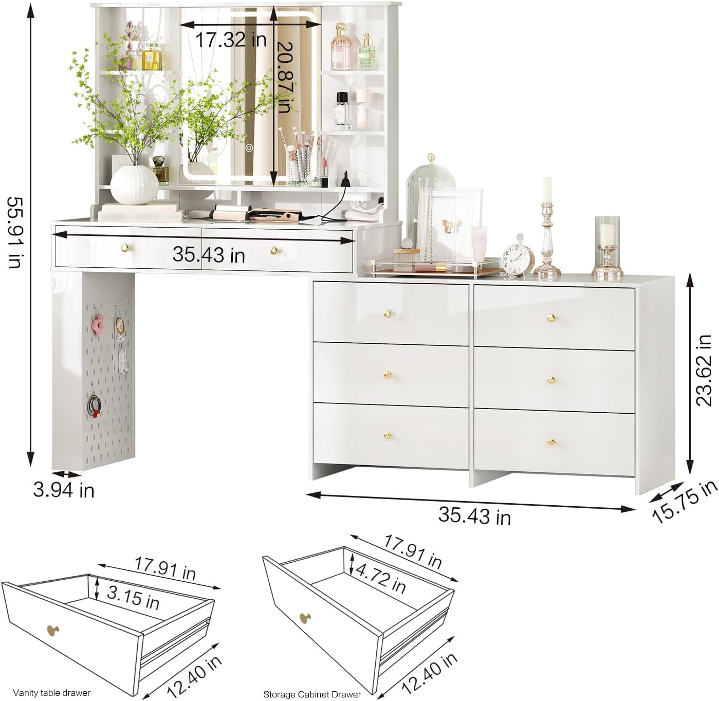 Ieejdn Makeup Vanity Desk with Mirror and Lights, Vanity Desk with 8 Drawers & Storage Shelves, Vanity Table with Power Outlet, 3 Color Modes & Adjustable Brightness Dressing Table, Bedroom,White