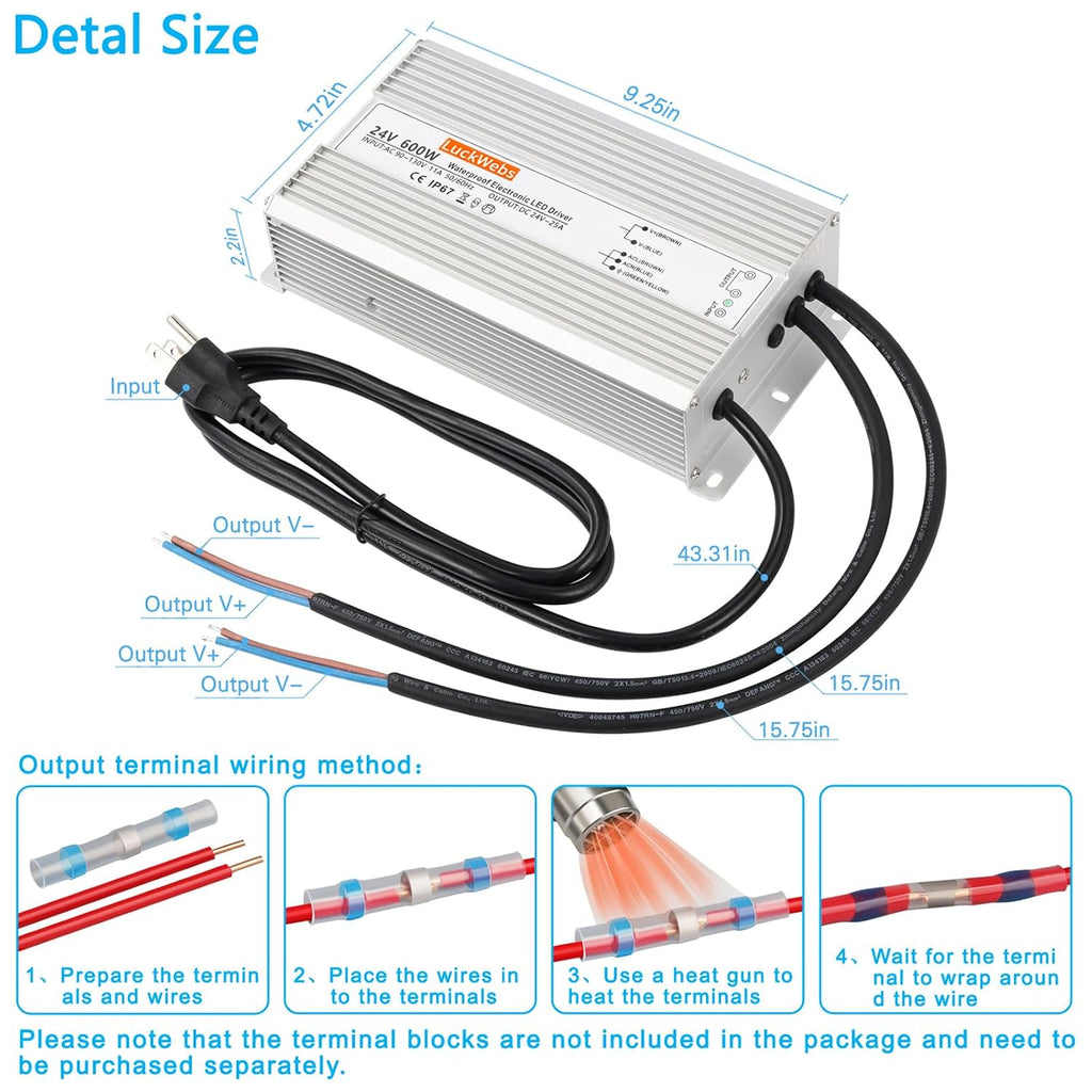 LED Driver 24V 600W Waterproof Power Supply AC 90-130V to DC 24V25A Low-Voltage IP67 Switching Power Supply Landscaping Decorative Lighting LED Waterproof Transformer