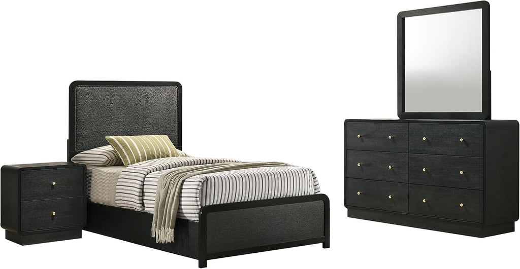 Coaster Home Furnishings - Cavelle - Wood - 4-Piece Bedroom Set with Panel Bed, Metal Knobs, and Upholstered Headboard - Bedroom - Twin Size - Black - 223661T-S4