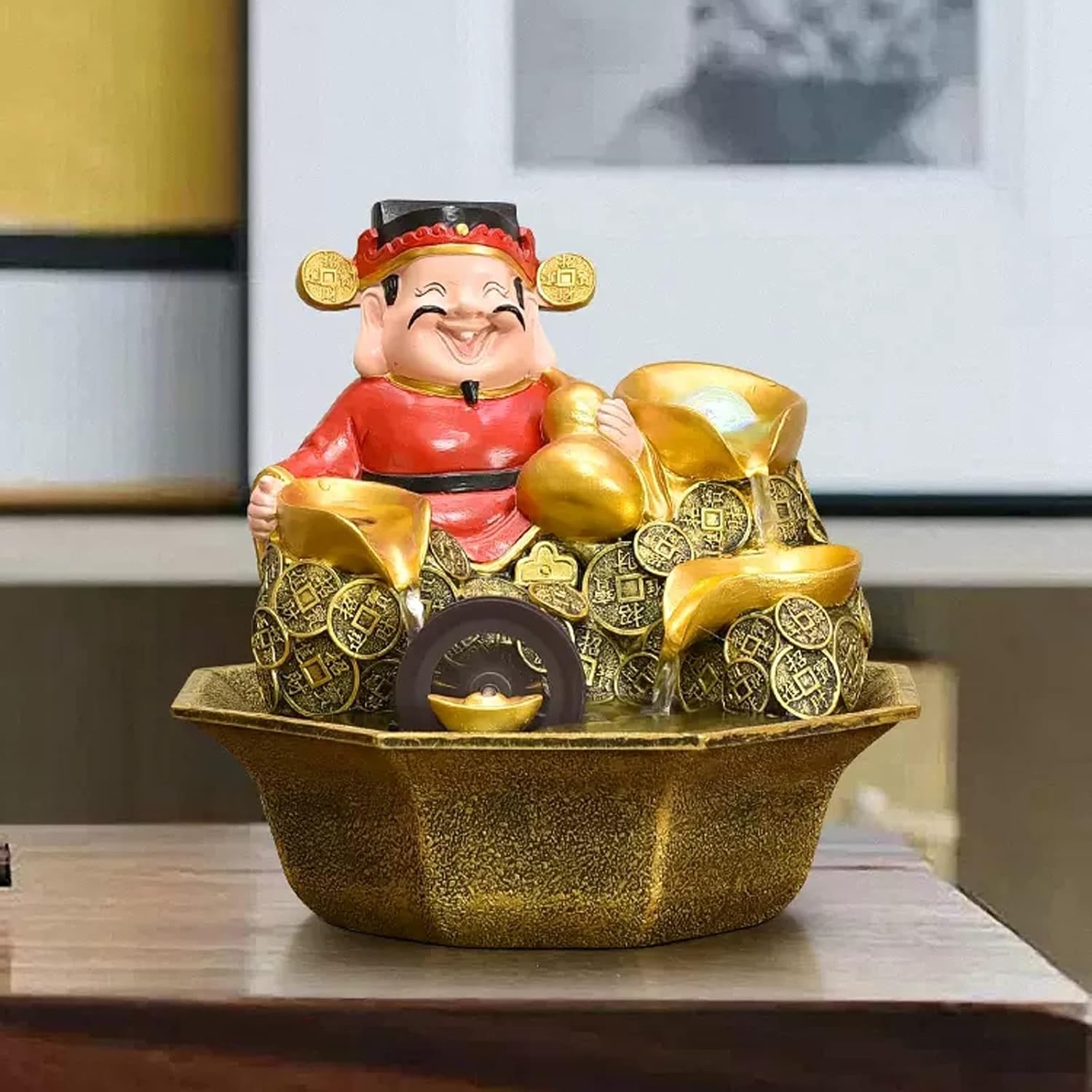 Desktop Fountain Resin Tabletop Fountain Wealth and Good Luck Feng Shui Interior Mini Water Feature for Bedroom, Office, Living Room, Dining Décor