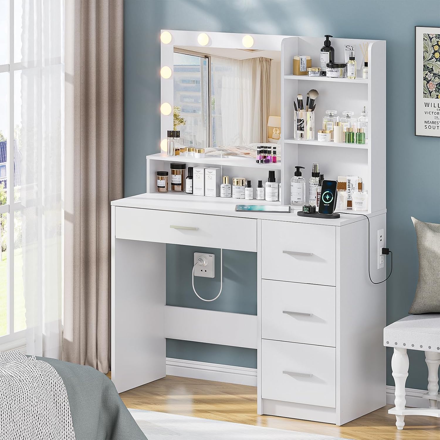 DINGIPP Vanity Desk with Lighted Mirror and Charging Station, Makeup Vanity with 4 Drawers & Storage Shelves,Makeup Desk 3 Color Lights Modes Available, Bedroom Dressing Table for Women, Girls