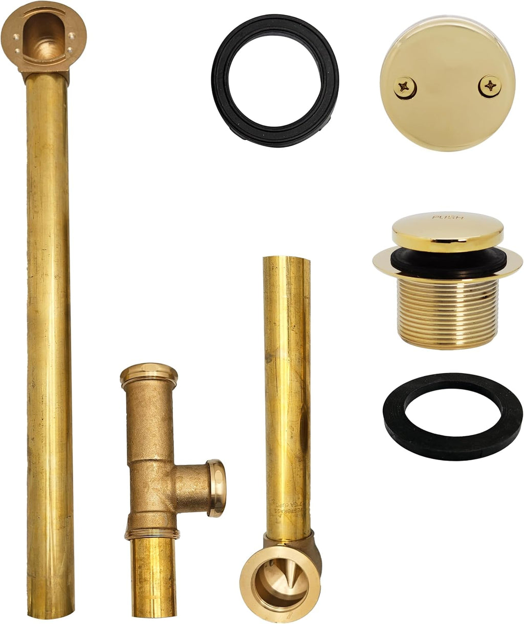 Westbrass A326-01 22-1/2' Brass Bath Waste & Overflow Assembly with Tip-Toe Drain Plug and 2-Hole Faceplate, Polished Brass