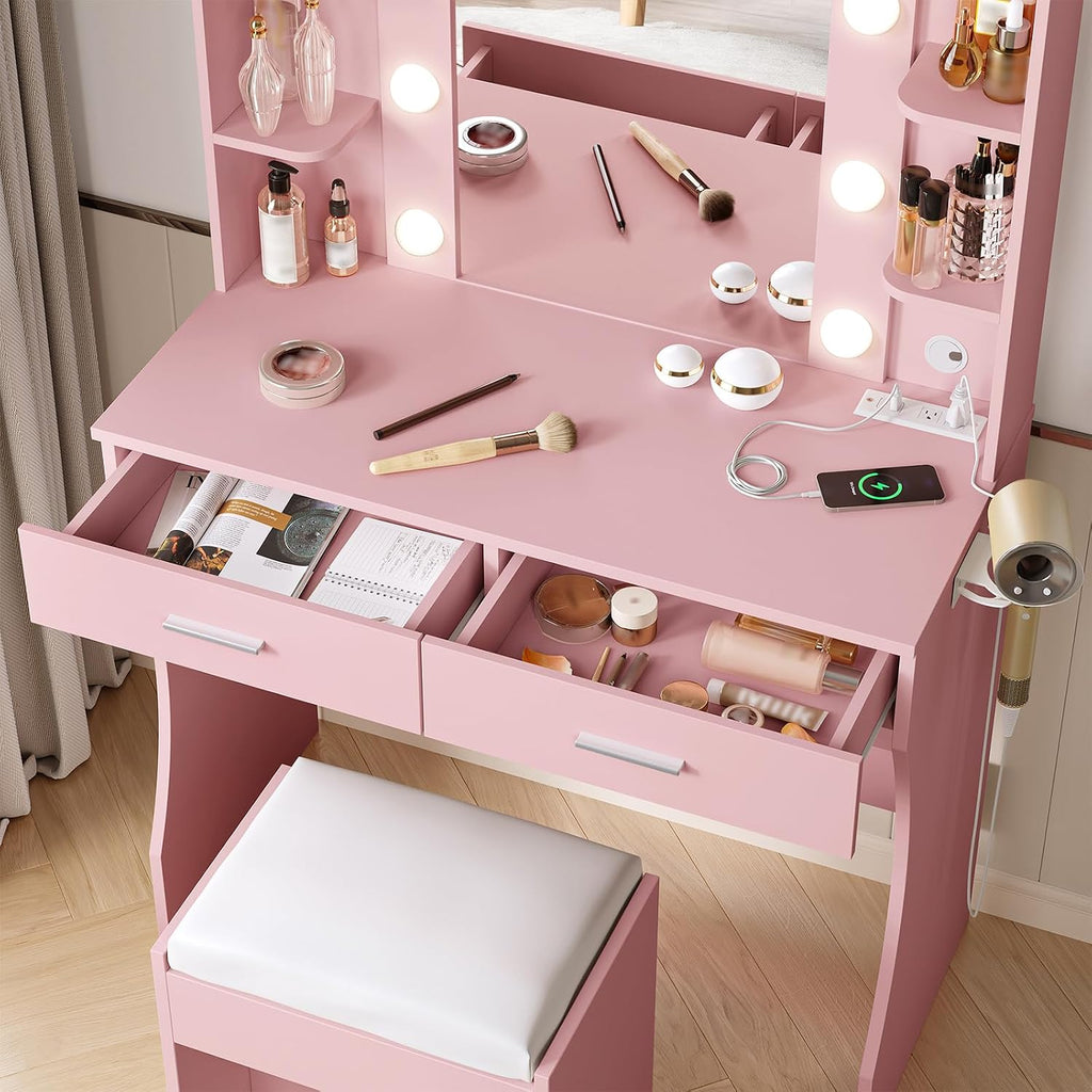 Vabches Vanity Desk with Lights,Makeup Vanity with Power Strip,Dressing Table Set with 2 Large Drawers,Vanity Mirror 3 Lighting Color Adjustable,Pink