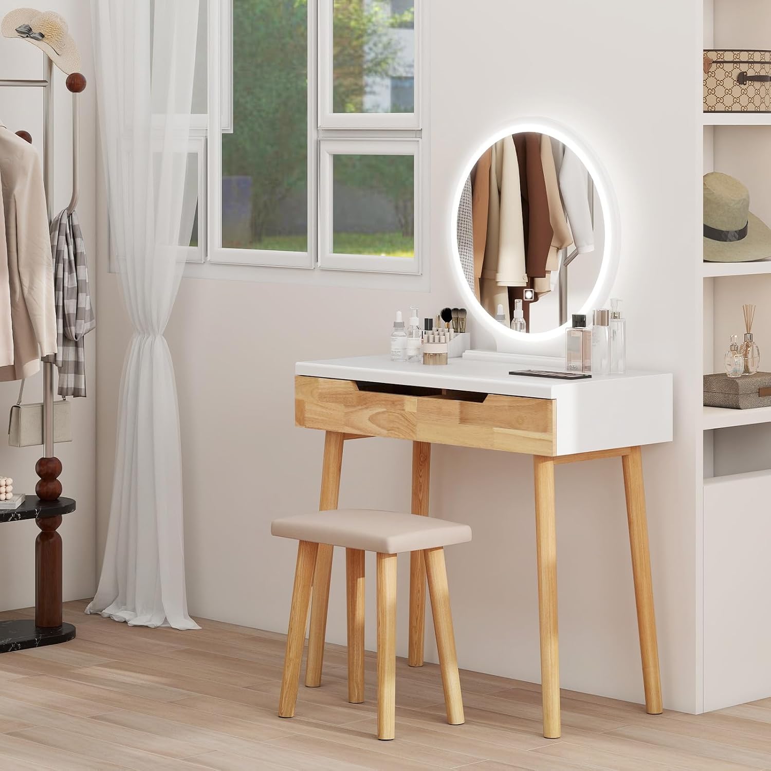 YOURLITE Makeup Vanity Desk with Lights,Small Vanity with Adjustable Brightness Mirror for Small Spaces, Dressing Table with Drawers (31.5', Circular Mirror Wood)