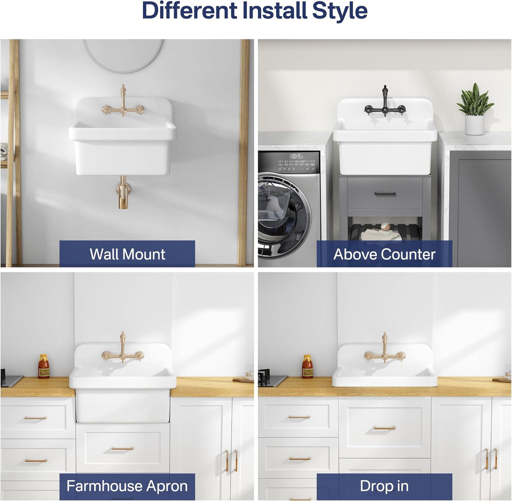 Eridanus 24 Inch Utility Sink, Farmhouse Kitchen Sink Wall Mounted Laundry Sink Floating Porcelain Ceramic Trough High Back for Garage, Workshop, Washing Room, Bathroom, 24' x 19' x 16.5'