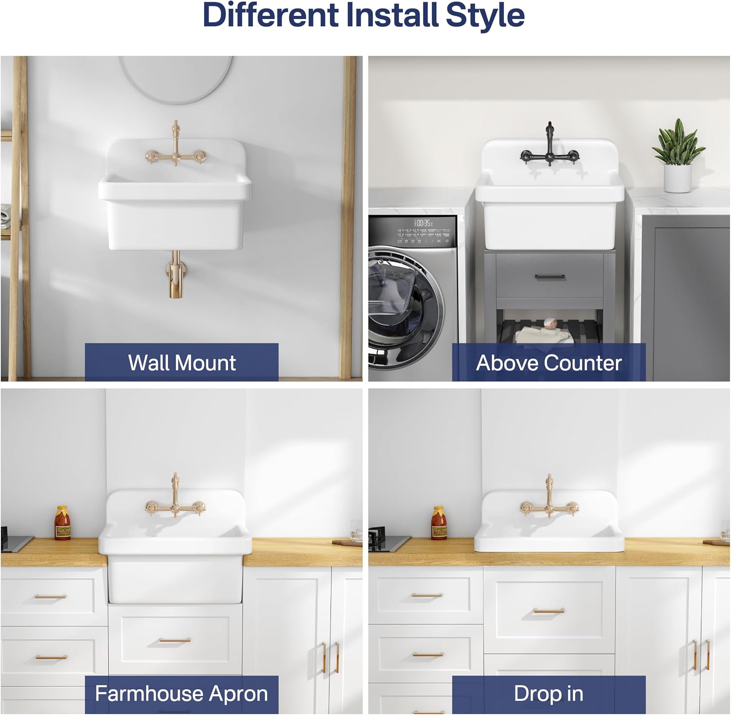 Eridanus 24 Inch Utility Sink, Farmhouse Kitchen Sink Wall Mounted Laundry Sink Floating Porcelain Ceramic Trough High Back for Garage, Workshop, Washing Room, Bathroom, 24' x 19' x 16.5'