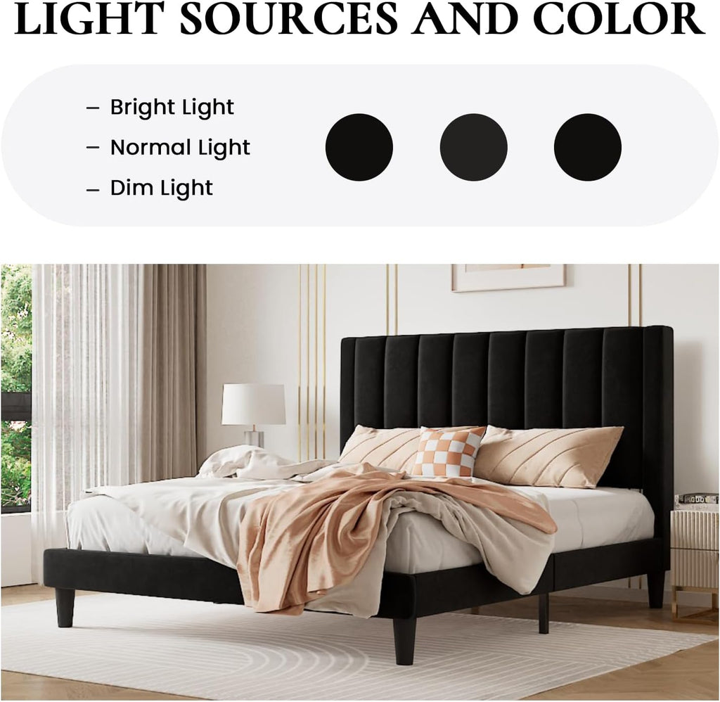 SHA CERLIN Twin Bed Frame/Velvet Upholstered Platform Bed Frame with Headboard/Strong Wood Slats Support/Mattress Foundation/No Box Spring Needed - Black