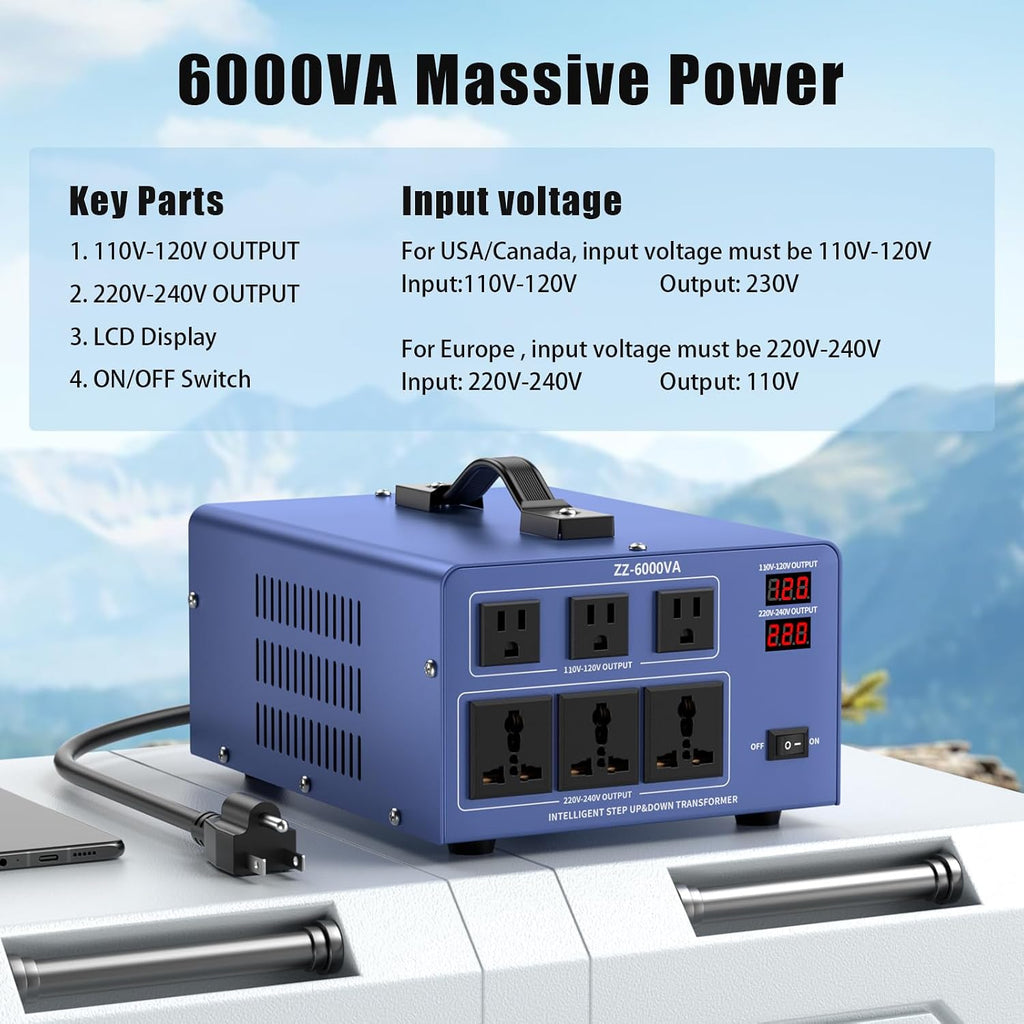6000W Voltage Converter Auto Transformer,110/120/220/240V Heavy Duty Step Up/Down Power Converter Transformer with 3 US Outlets,3 Universal Outlets, LCD Display,Resettable Circuit Breaker Protection
