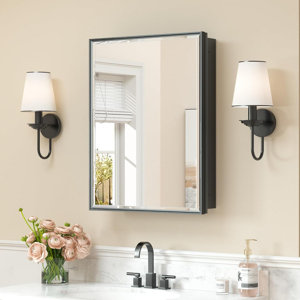 Keonjinn 20' x 26' Black Medicine Cabinet for Bathroom, Fully Assembled, Recessed or Surface Wall-Mounted, Aluminum Framed Beveled Mirror with Storage, Mirrored Cabinets with 2 Adjustable Shelves