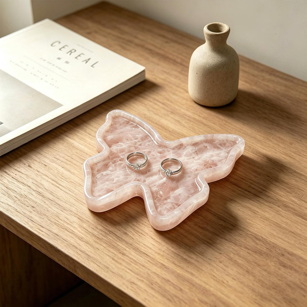 Natural Marble Tray Butterfly Shape Vanity Trays, Jewelry Trays Holder Dish for Bathroom Countertop Home Decor Gift L Pink