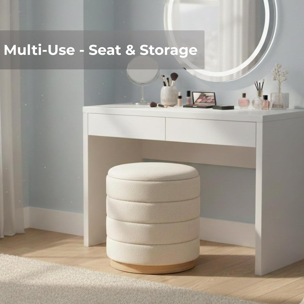 Round Storage Ottoman, Small Linen Upholstery Footrest Still with Foam Padded Seat for Living Room Bedroom, Beige