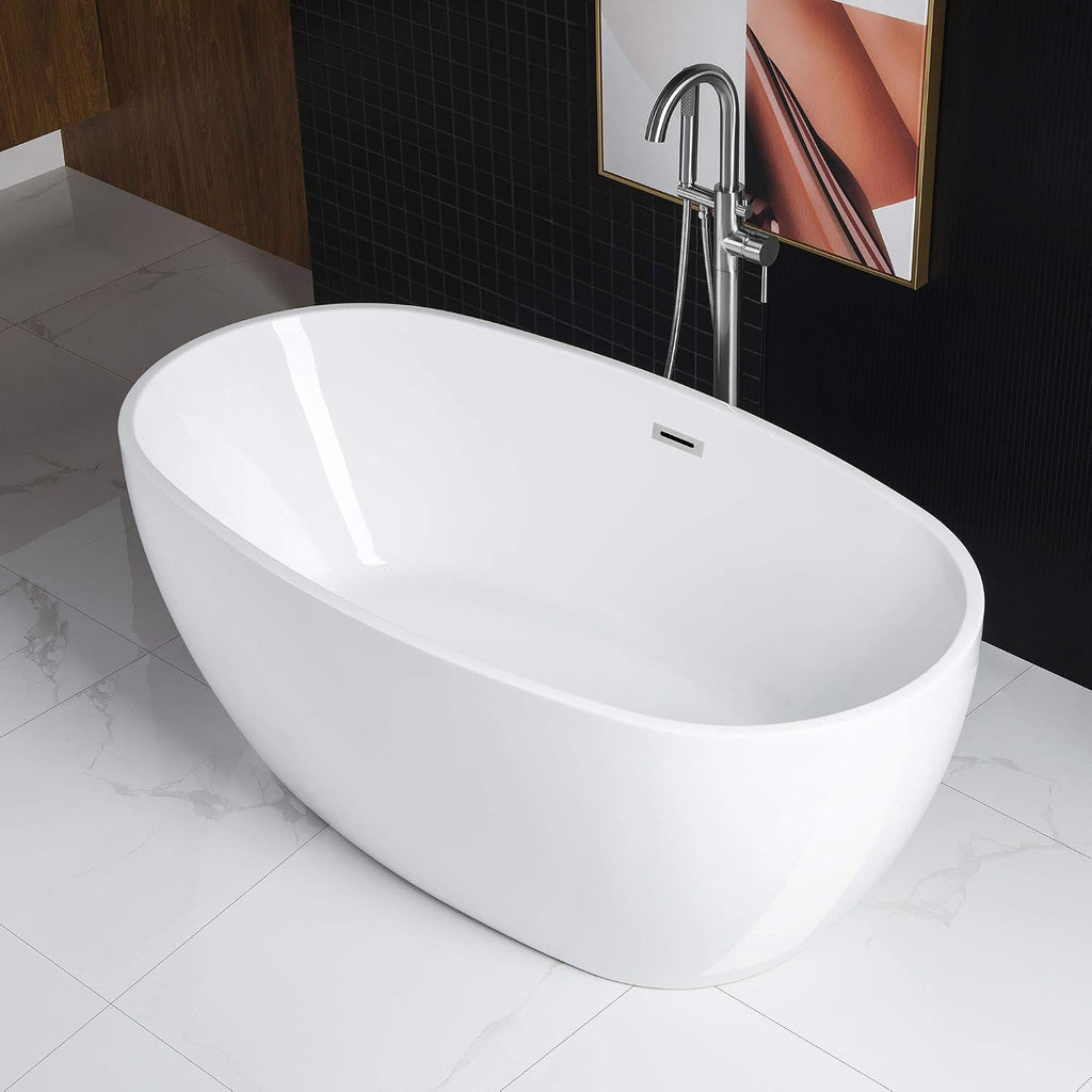 WOODBRIDGE 59' Freestanding White Acylic Soaking Bathtub with Chrome Drain and Overflow,BTA1518 -C-Drain &O