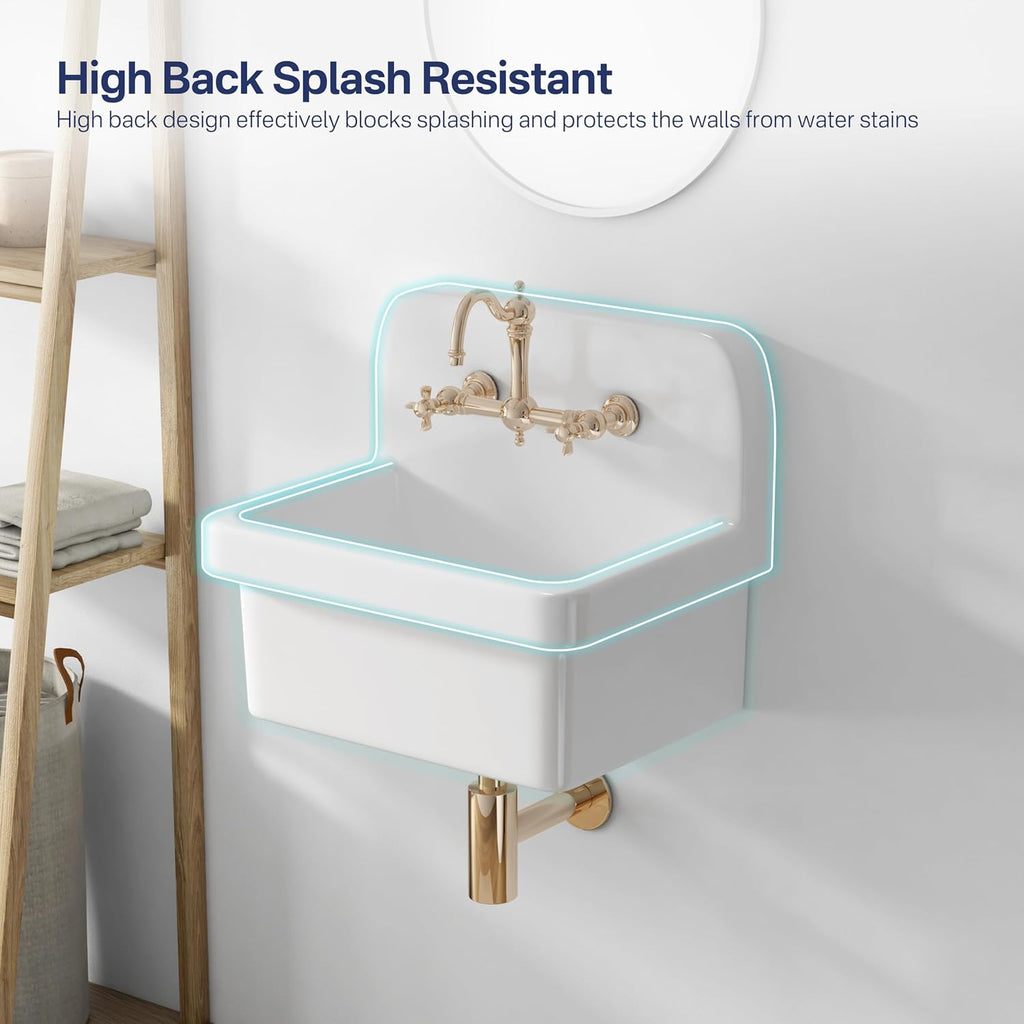Eridanus 21 Inch Utility Sink, Wall Mounted Farmhouse Bathroom Sink, Modern Laundry Sinks Above Counter, 21' x 16' x 18.5' Floating Porcelain Ceramic Tub High Back for Garage, Washing Room, Kitchen