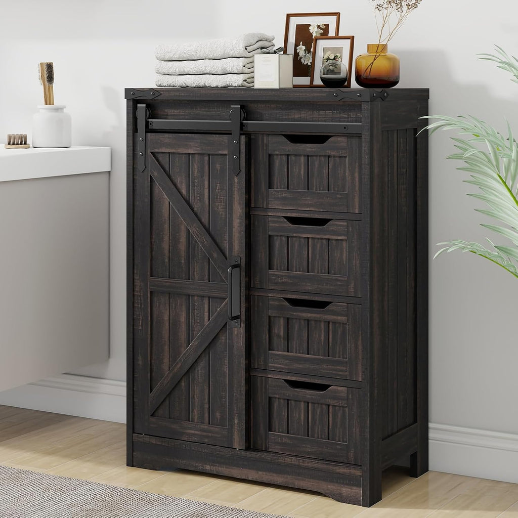 Halitaa Farmhouse Bathroom Floor Storage Cabinet with 4 Drawers, Bathroom Cabinet with Sliding Door, Rustic Storage Organizer for Kitchen, Living Room, Rustic Style, Black Oak