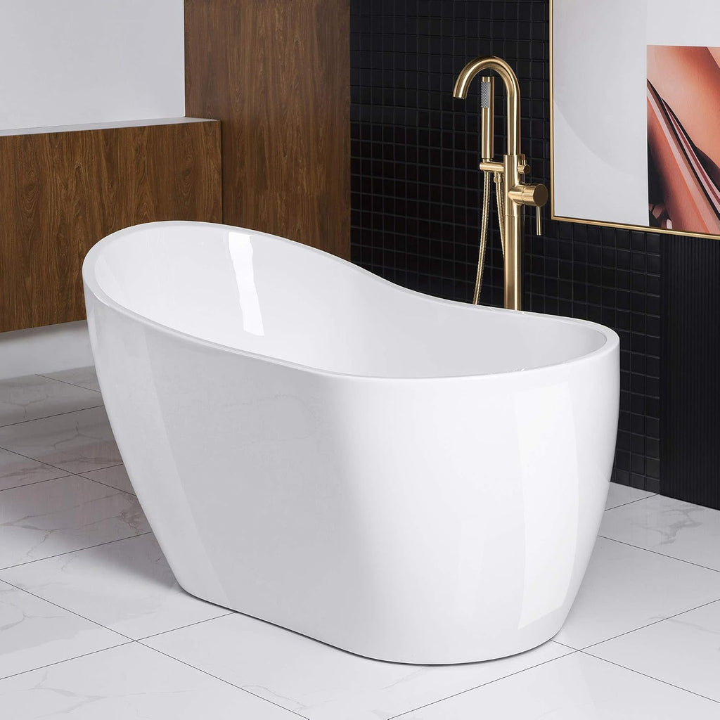 WOODBRIDGE 54' Acrylic Freestanding Bathtub Contemporary Soaking White Tub with Brushed Gold Overflow and Drain，B0006 -BG-Drain &O