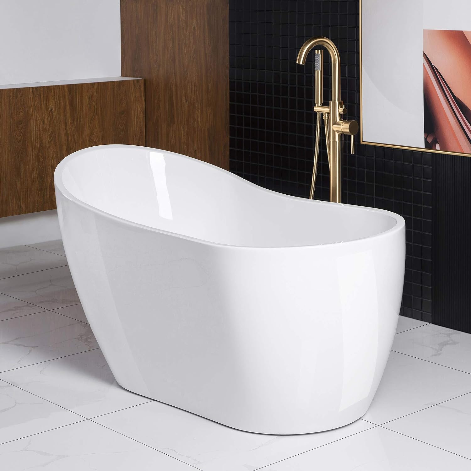 WOODBRIDGE 54' Acrylic Freestanding Bathtub Contemporary Soaking White Tub with Brushed Gold Overflow and Drain，B0006 -BG-Drain &O