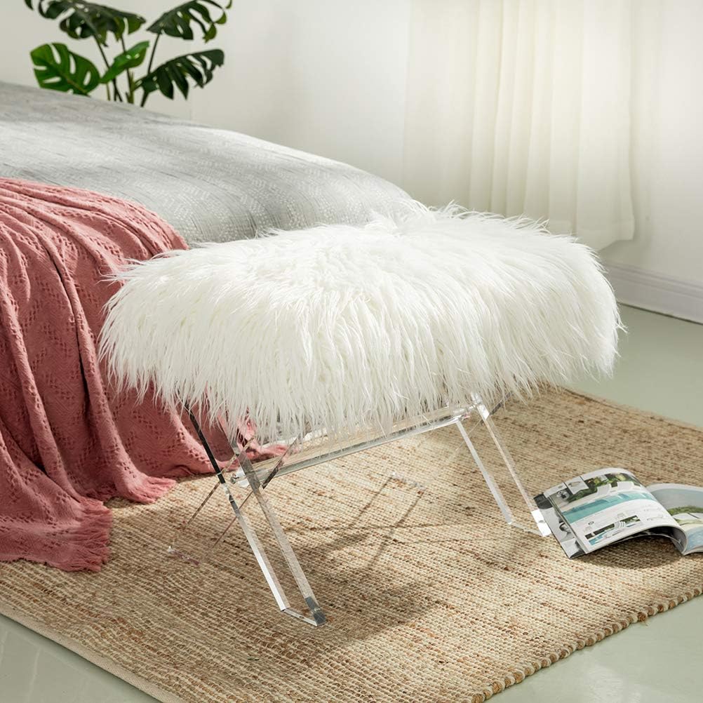 Glitzhome White Faux Fur Ottoman Bench, Modern Ottoman Footrest Stool Vanity Stool with Acrylic Legs Accent Bench for Entryway Living Room Bedroom, 25.5' L