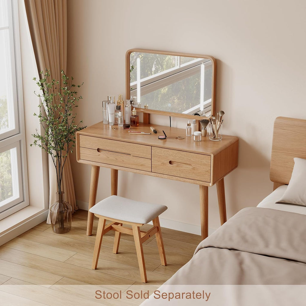 Solid Wood Vanity with Mirror and Lights, Adjustable Brightness, Wood Makeup Vanity with 3 Drawers, Semi-Assembled, Vanity Desk for Bedroom (Natural)