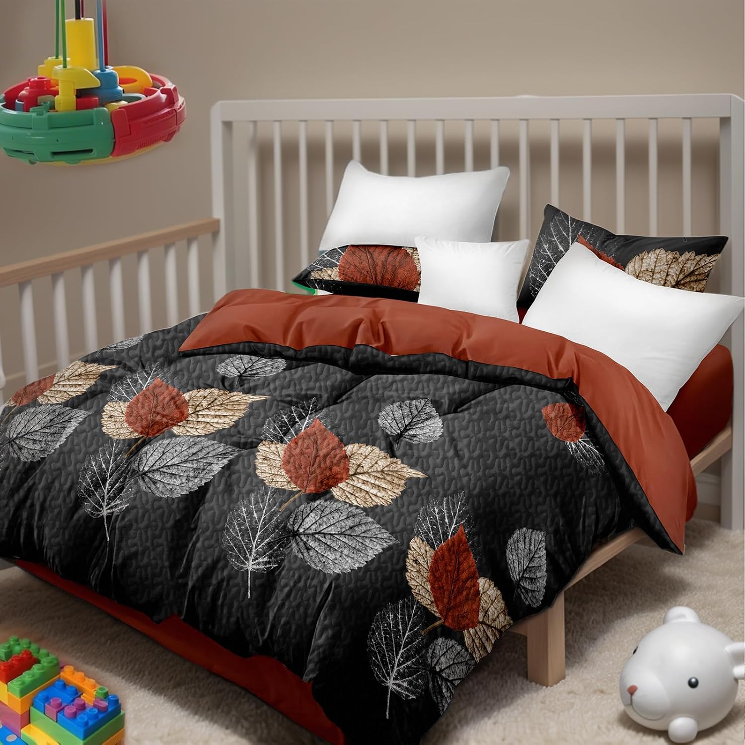 Elegance 9-Piece Leaves Queen Light Comforter Set, Luxury Bed in a Bag Queen Bedspread with Matching Curtains Ultra Soft & Breathable Black Brown Floral Bedding, All-Season Decor for Master Suite