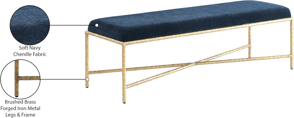 Meridian Furniture 22064Navy Valley Collection Modern | Contemporary Bench with Soft Navy Chenille Fabric, Brushed Brass Forged Iron Metal Legs and Frame, 54' W x 18' D x 18' H, Navy