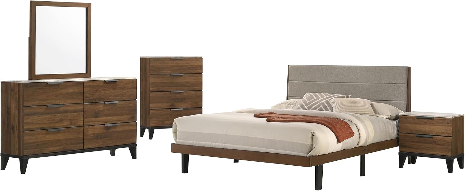 Coaster Home Furnishings Mays Contemporary 5-Piece Bedroom Set Fabric Upholstered Queen Size Panel Bed Frame 43-inch Headboard Walnut 215961Q-S5