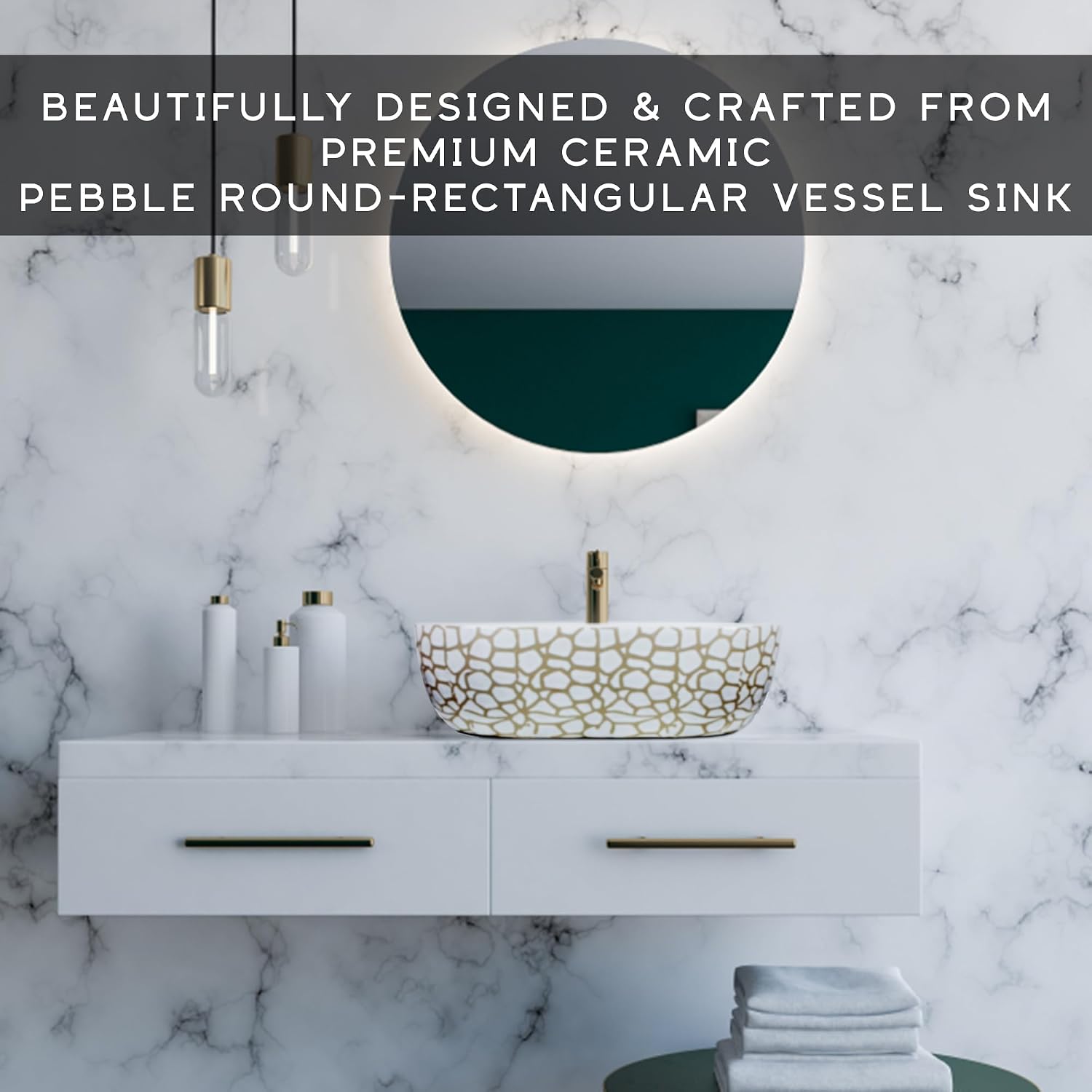 Strictly Sinks 19 Inch Round-Rectangular Gloss White Vessel Sink - Ceramic Countertop Bathroom Sink – Easy to Install Above Counter Luxurious Bathroom Vessel Sink (19-3/4″ W x 16″ L x 6″ H)