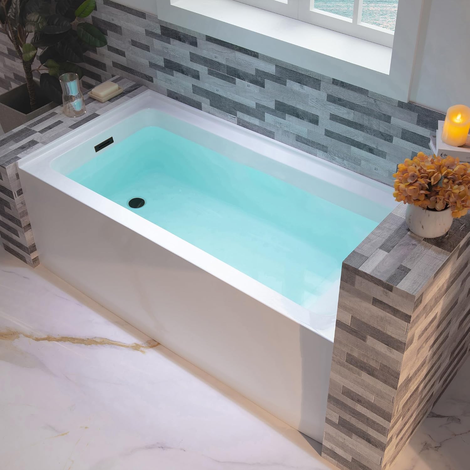 WOODBRIDGE 60' Acrylic Rectangular Alcove Soaking Bathtub in White with Left Drain, Oil Rubbed Bronze pop-up Drain Included, LB428-L
