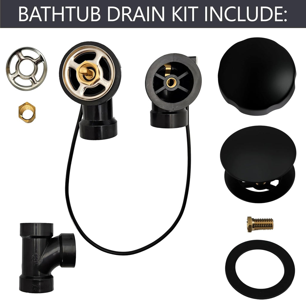 Westbrass A50A35-62 35' SCH. 40 ABS Cable Driven Bath Drain Trim Kit with Rotary Overflow Cover Knob and Pop-Up Stopper, Matte Black