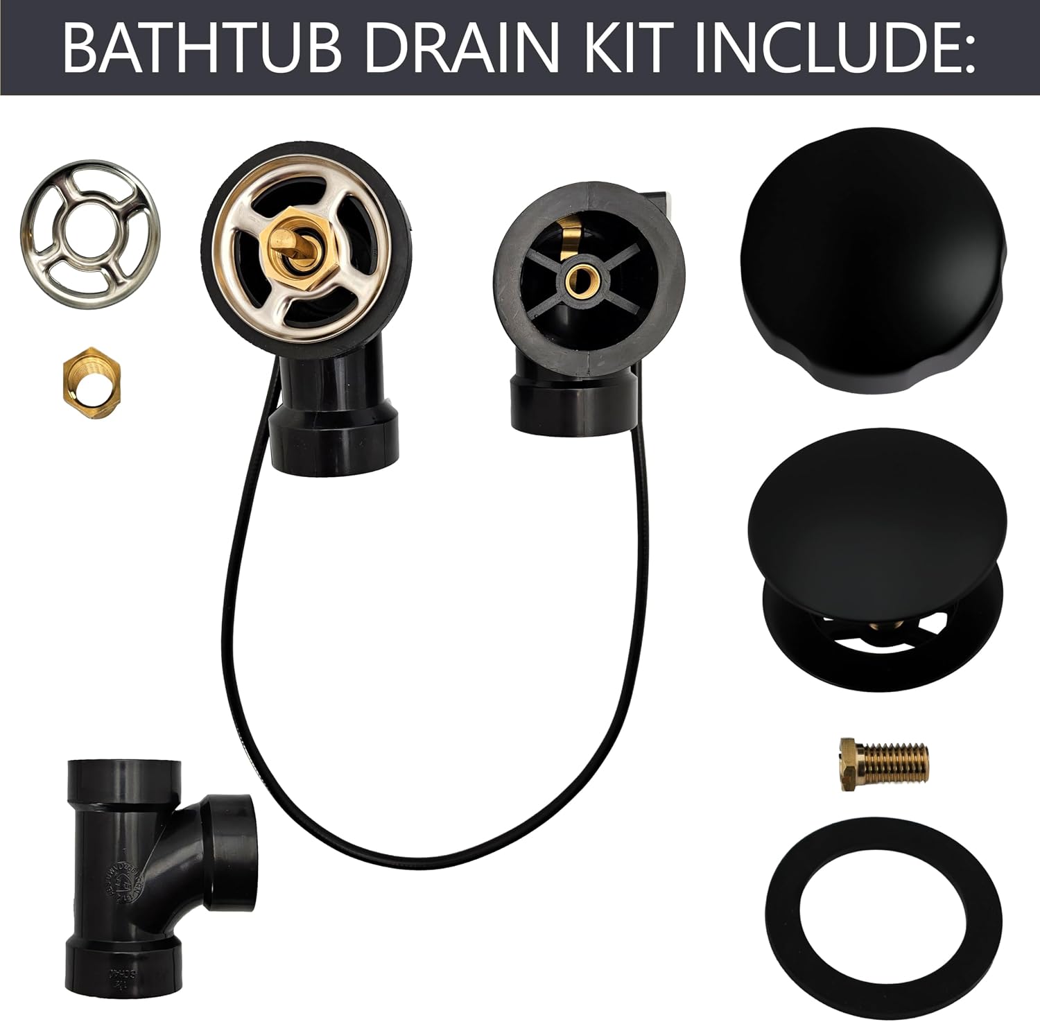 Westbrass A50A35-62 35' SCH. 40 ABS Cable Driven Bath Drain Trim Kit with Rotary Overflow Cover Knob and Pop-Up Stopper, Matte Black