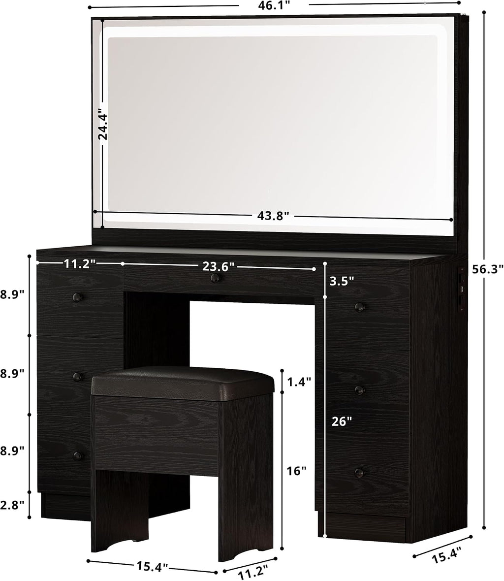 IRONCK Vanity Makeup Desk Set with LED Lighted Mirror & Power Outlet, 7 Drawers Bedroom Vanities Table with Stool,Black